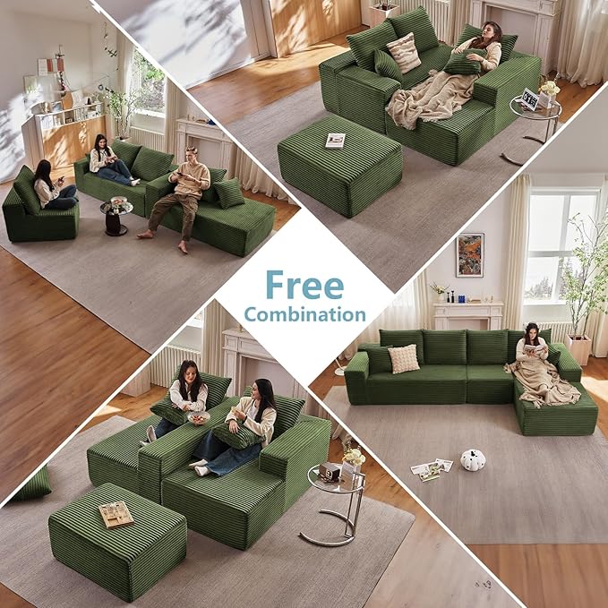 135.4" Cloud Sectional Couch with L-Shape Chaise, Modern Corduroy Boneless Couch for Living Room,Memory Foam Sofa with Deep Seat,No Assembly Required (Green,Right-Facing Chaise)