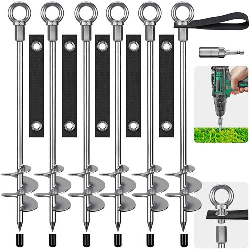 Insaga Fully Welded Ground Trampoline Anchors, 30'' Spiral Mobile Home Anchors, 6pcs Earth Anchor Heavy Duty Shed Anchor Kit with Straps for Securing Swing Sets, Animals, Trees, Tents, Shed, Carport