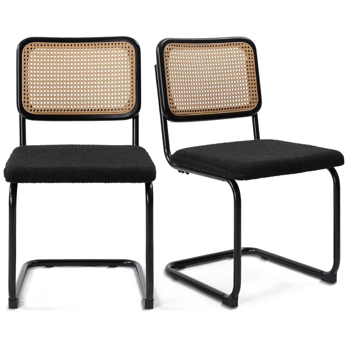KROFEM Modern Cesca Cane Dining Chairs, Set of 2, Handwoven Rattan Cane Back, Chrome Base, Upholstered Boucle Seat, Ideal for Kitchen or Dining Room, Black