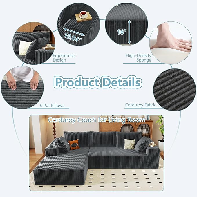 96" Cloud Sectional Couch with L-Shape Chaise, Modern Corduroy Boneless Couch for Living Room,Memory Foam Sofa with Deep Seat,No Assembly Required (Grey,Left-Facing Chaise)