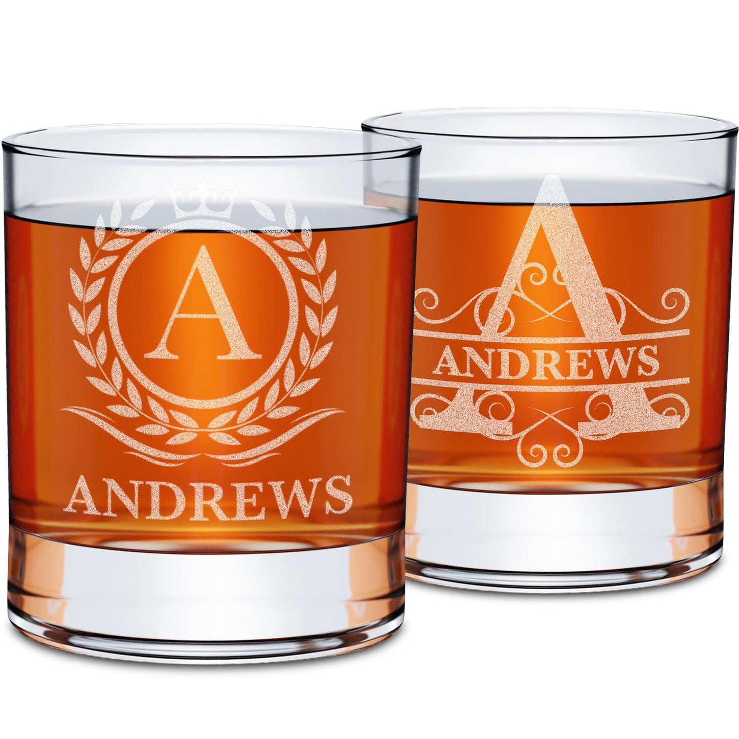 On The Rox Drinks Personalized Whiskey, Bourbon Monogram Glass Gifts - 11 oz Name Monogram Scotch Glass Set of 2 - Custom Cocktail, Rocks, Brandy Glasses