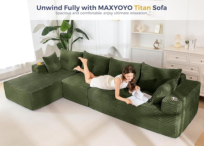 MAXYOYO 132" Oversize Modular Sectional Couch with L-Shape Chaise, Modern Boneless Couch for Living Room, Sofa in A Box, Oversized Sofa Sleeper with Deep Seat, No Assembly Required, Green