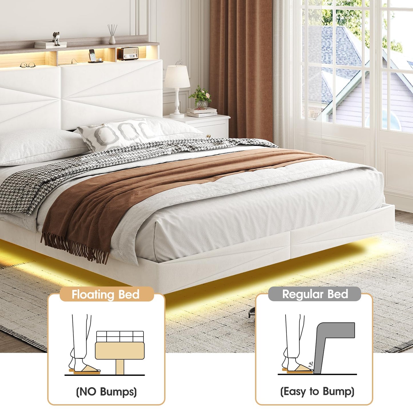 Queen Size Floating Bed Frame with Hidden Storage Headboard, Modern Metal Queen Bed with Charging Station, Upholstered Platform Bed with Shelf and LED Lights, Noise-Free, No Box Spring Needed, White