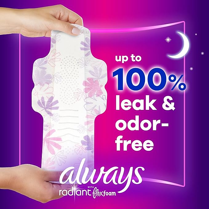 Always Radiant Feminine Pads for Women, Flexfoam Pads with Wings, Size 5, Extra Heavy Overnight Absorbency, Lightly Scented, 26 Count