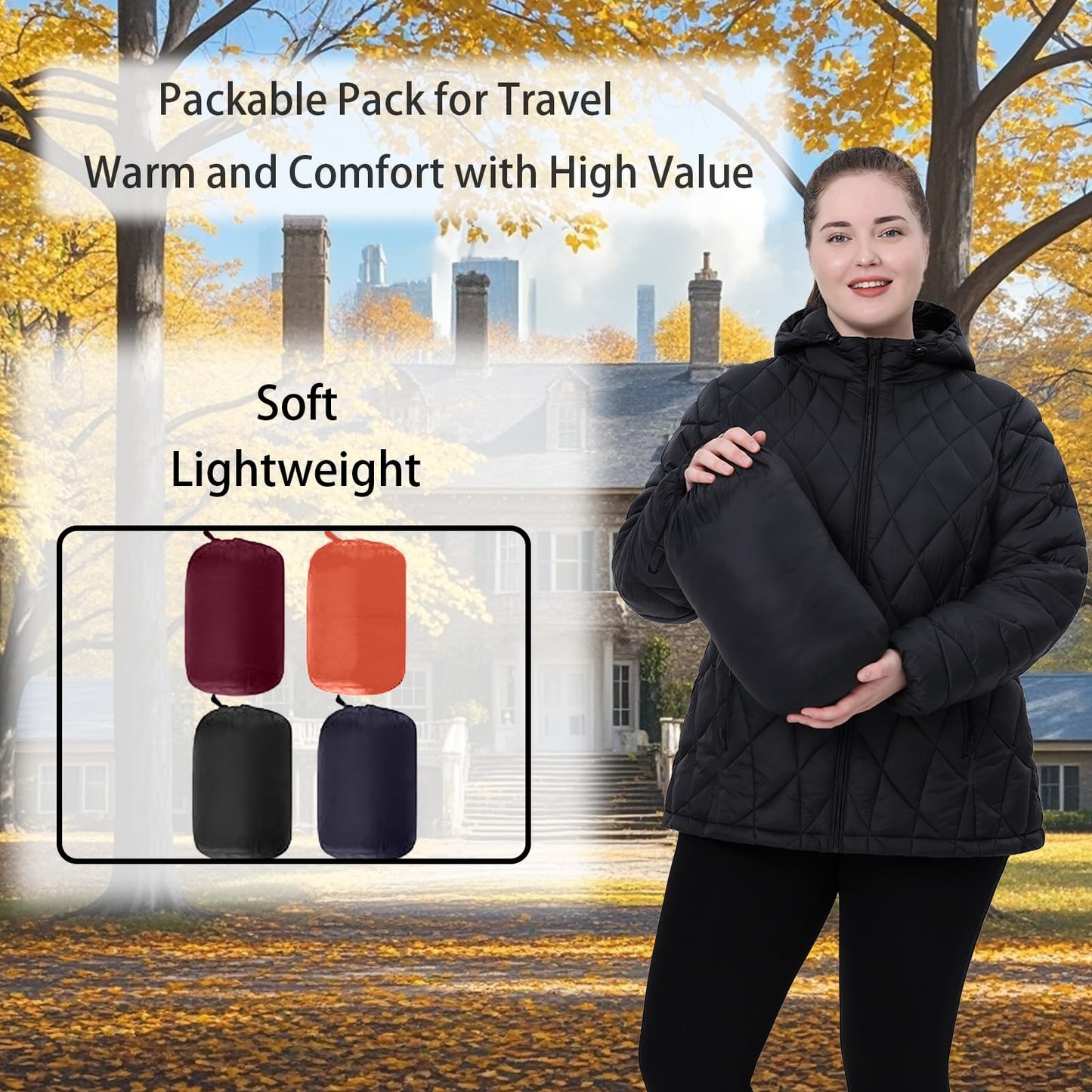 HHE Plus Size Women's Packable Puffer Jacket 1X-5X Water-Resistant Lightweight Winter Coat(Exclusively for Plus Size)(Black,2X)
