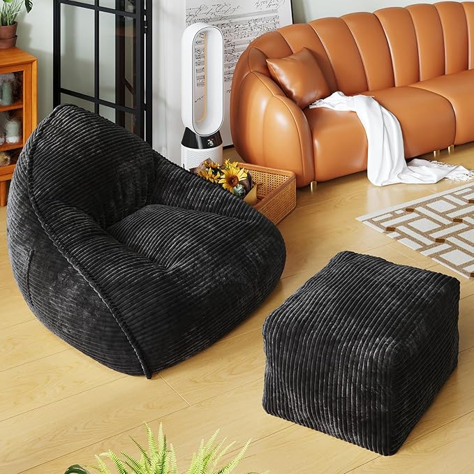 Cloud Large Bean Bag Chair with Ottoman, Corduroy Fabric+35D Memory Foam Big Beanbag Chair for Adults,Lounger Chairs Sofa Boneless Puff Chair for Living Room, Bedroom,Balcony,Playroom (Black)
