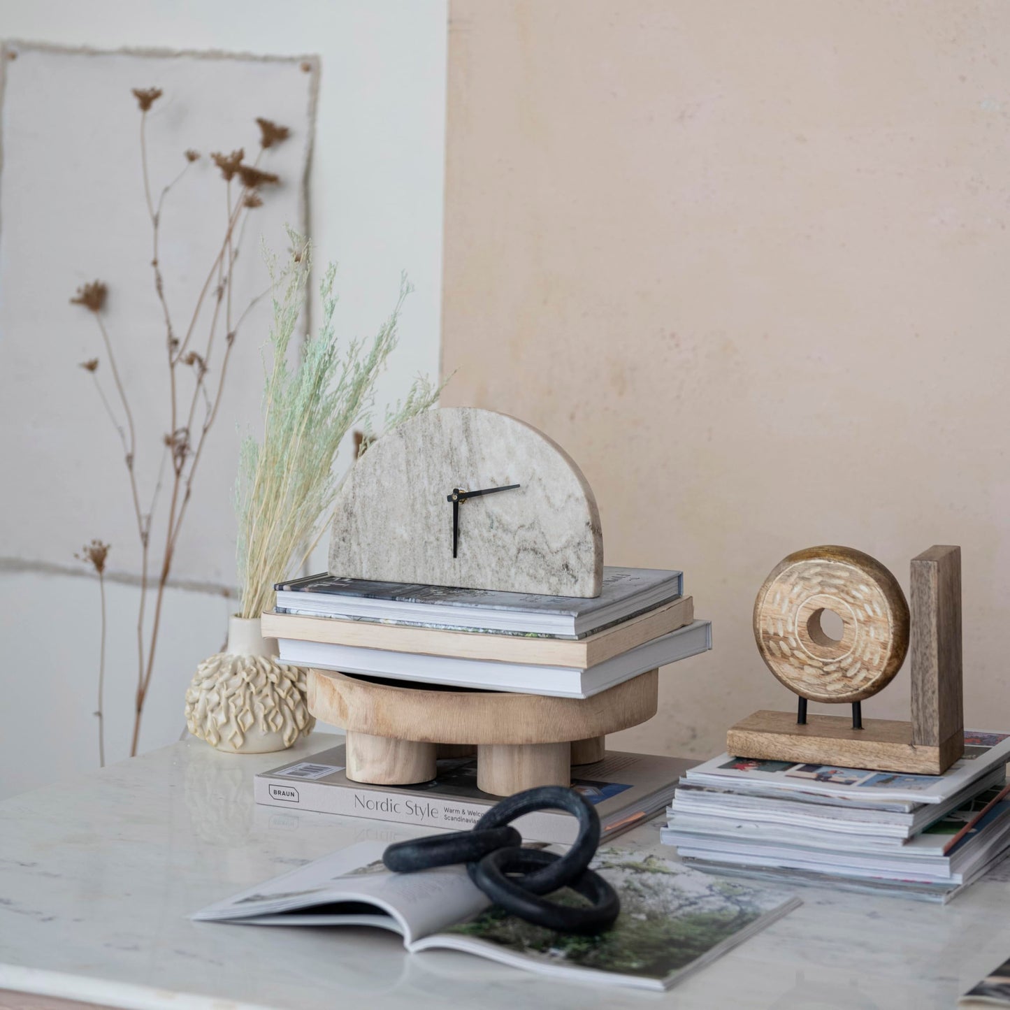 Bloomingville Decorative Half Moon Marble Mantel Clock, Beige and Black