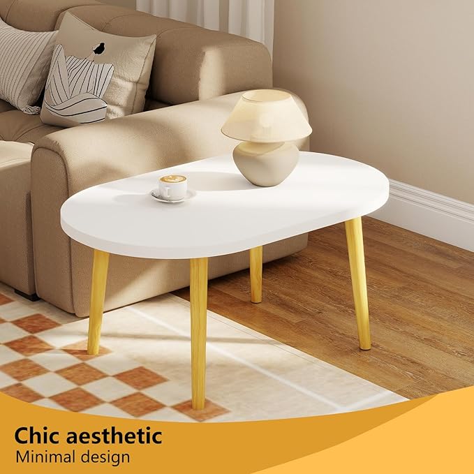 Funecy Coffee Table Low Table with Solid Wood Sturdy Legs, Floor Table Desk for Sitting on The Floor, Storage and Living Room Furniture (White-Oval)