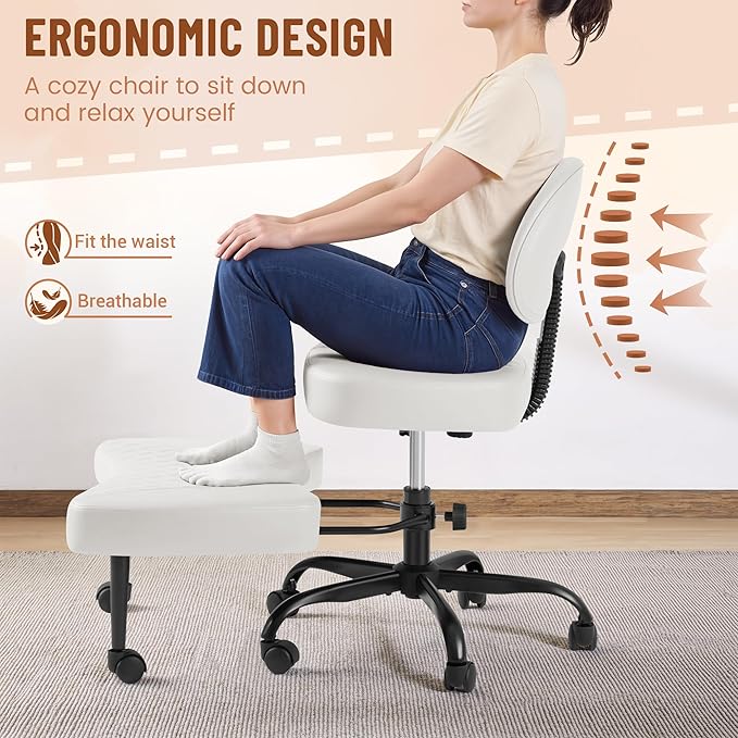 Homall Ergonomic Cross Legged Office Desk Chair with Wheels, 360° Swivel and Adjustable Height for Meditation and ADHD,Criss Cross Kneeling Chair with Lumbar Support (Leather, White)