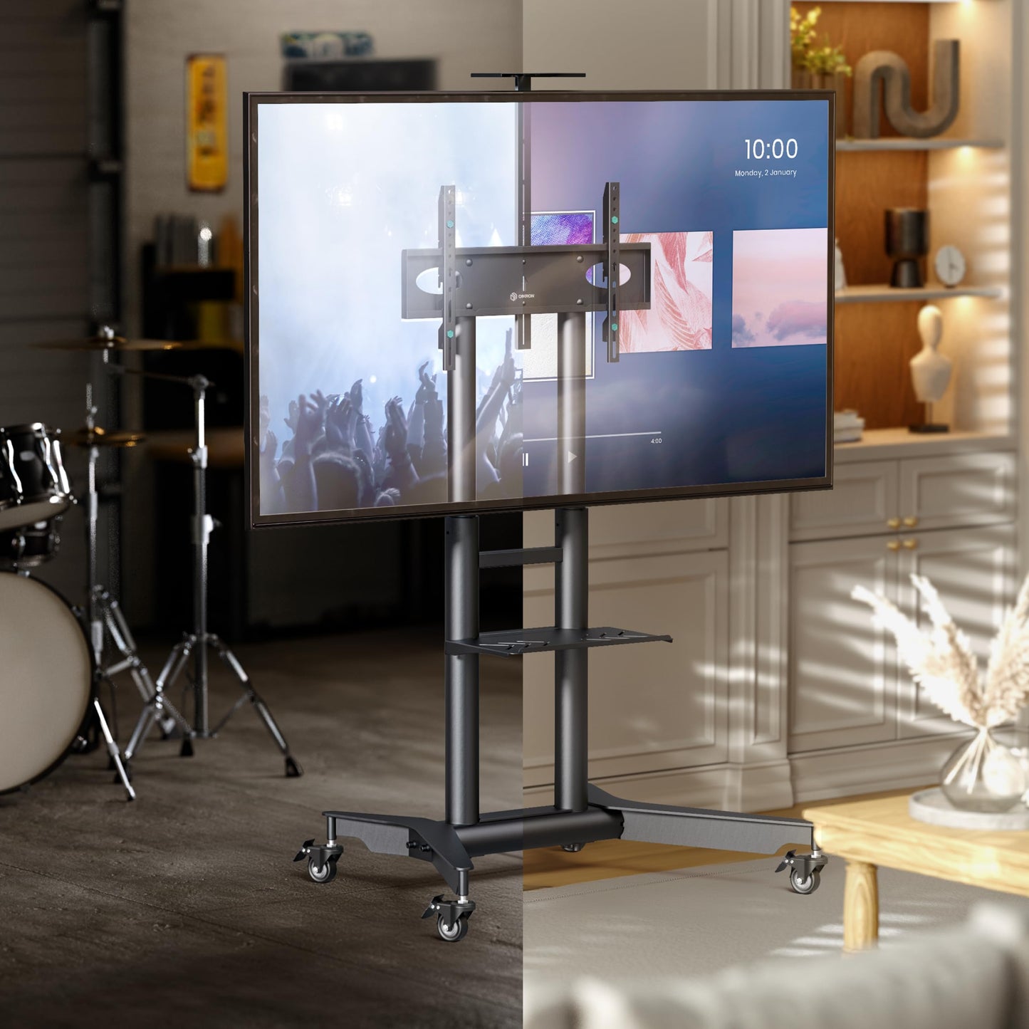 ONKRON Mobile TV Stand on Wheels for 32-75 Inch Screen, max Load 132 lbs, Height Adjustable TV Portable Stand, max VESA 600x400, Movable TV Cart Rolling TV Stand with Shelf, Lockable Wheels Black