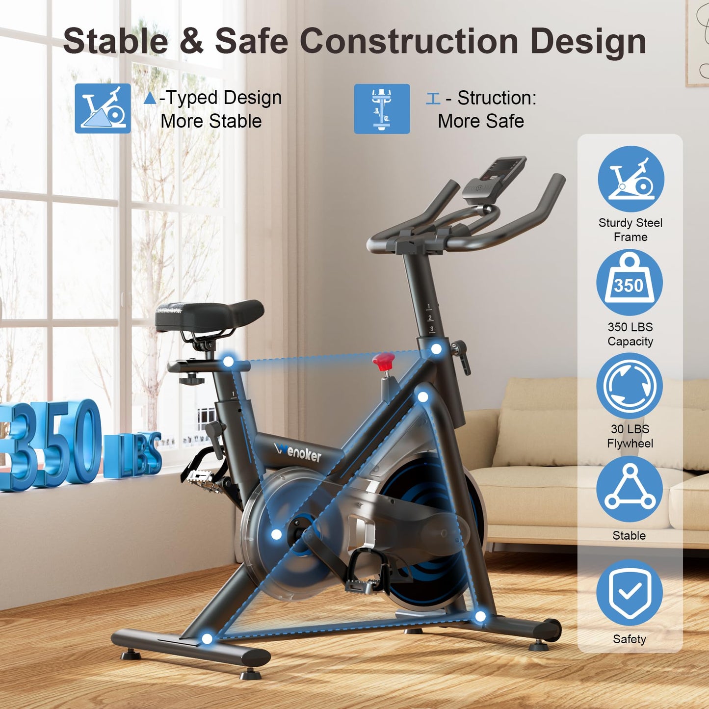 Exercise Bike for Home – 350LB Magnetic Resistance Indoor Cycling Bike, Silent Stationary Bike with App Sync, Adjustable Seat, LCD Monitor, Smooth & Quiet for Cardio Workout