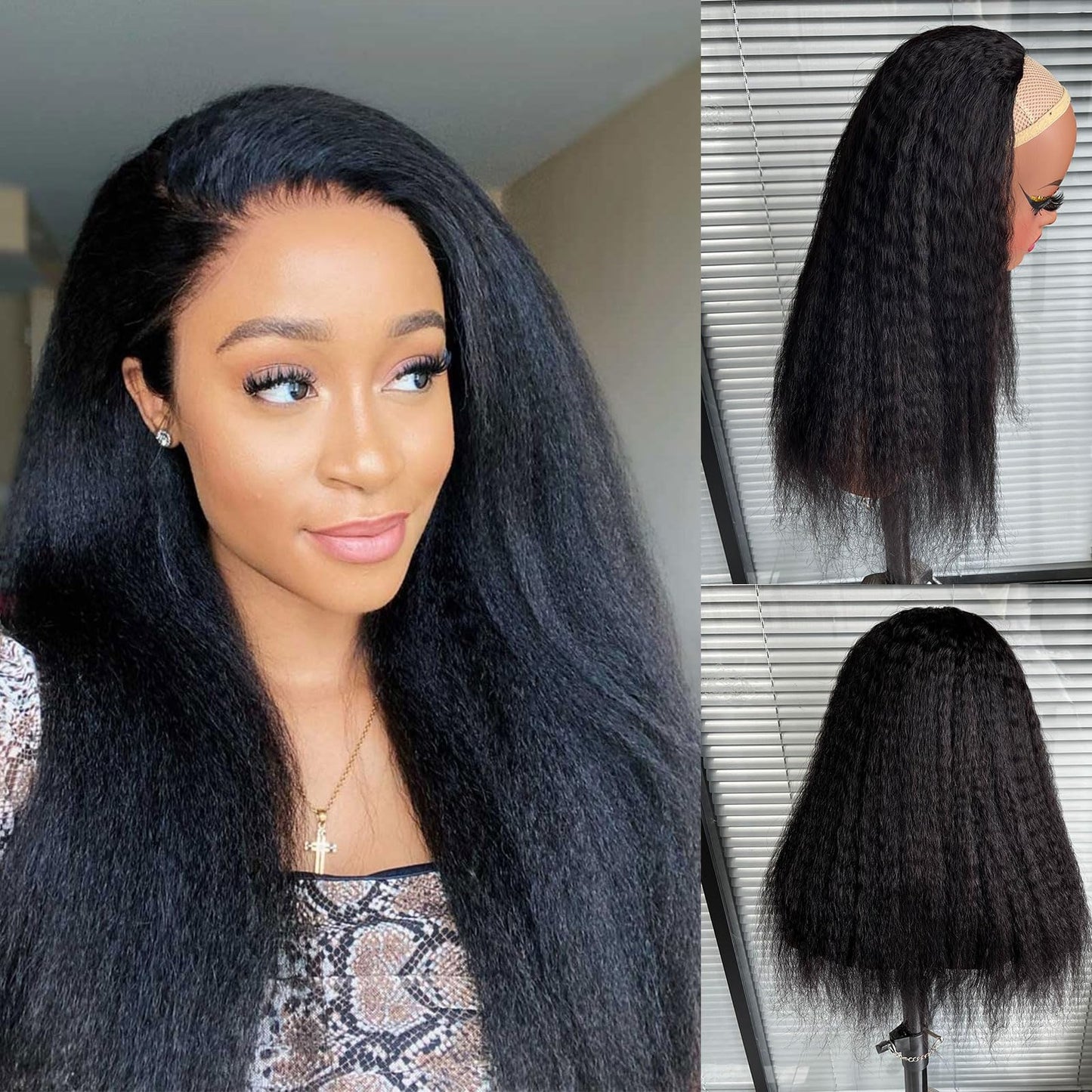 DSEKCAIN Half Wig Human Hair Kinky Straight 26 Inch 210 Density 100% Real Human Hair Yaki Straight Half Wig Glueless With Drawst