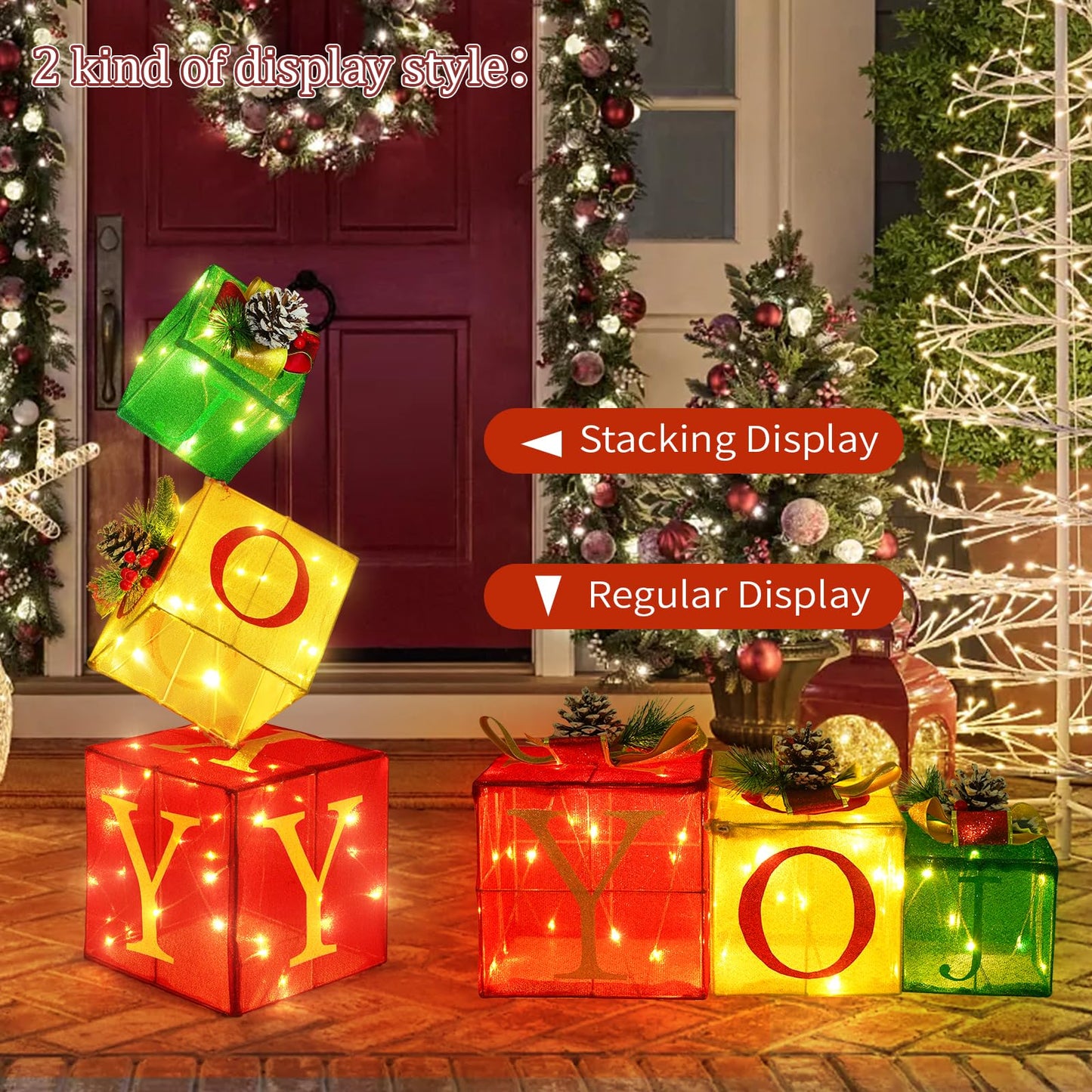 COVFEVER Christmas Joy Lighted Gift Boxes Decorations Set of 3, 2.8Ft Stackable Christmas Nesting Boxes Battery Operated for Home and Party Decoration