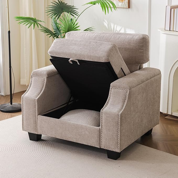 Rukefo 85" Sectional Sofa Couch with Storage Ottoman,L Shaped Couch with Armrest Organizer,3-Seater Sofa,Sofa and Chair Set,Couches for Living Room,Bedroom,Apartment,Chenille,Khaki