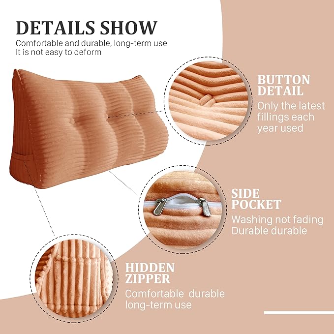 Wedge Headboard Pillow Dorm Room Reading Pillow Back Support for Sitting Up in Bed Bolster Lumbar Cushion Body Positioning Bedrest Corduroy (Peachy Coral, Twin (39 * 8 * 20in))