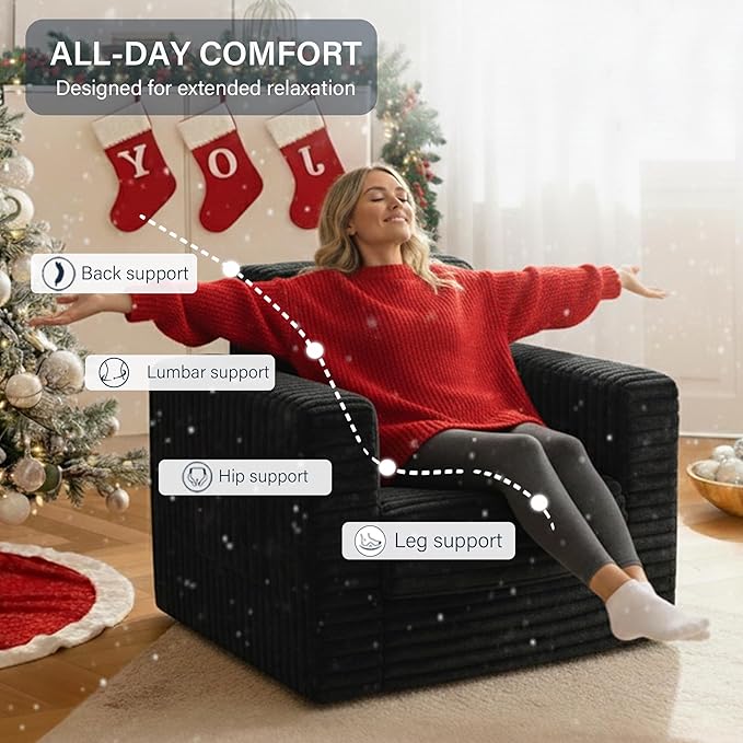 Welnow Folding Sofa Bed with Ottoman, Convertible 2-in-1 Boneless Couch Futon Lounge Chair Bed for Adults, Comfy Fold Out Sleeper Sofa for Small Spaces, Living Room, Bedroom, or Dorm, Black