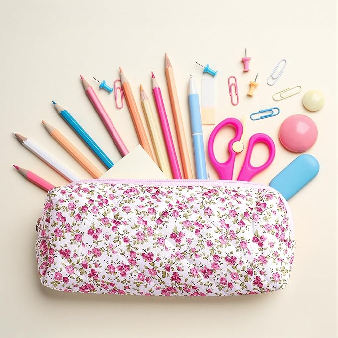 Paterr Aesthetic Floral Makeup Bag Travel Cosmetic Bag for Women Gift Christmas Portable Quilted Makeup Pouch Cotton Pencil Case Kawaii Cute Toiletry Organizer Case for Women Girls(Red Floral)