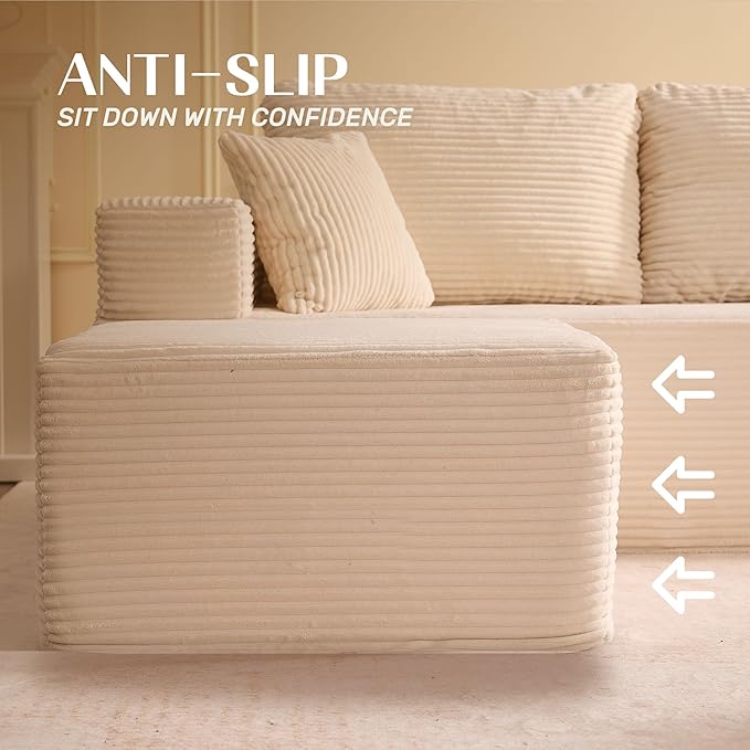 Afuson 107" Boneless Couch with Deep Seat, Modular Sectional Sofa, Cloud Sectional Couch for Living Room, No Assembly Required, Corduroy, L-Shape Right, White