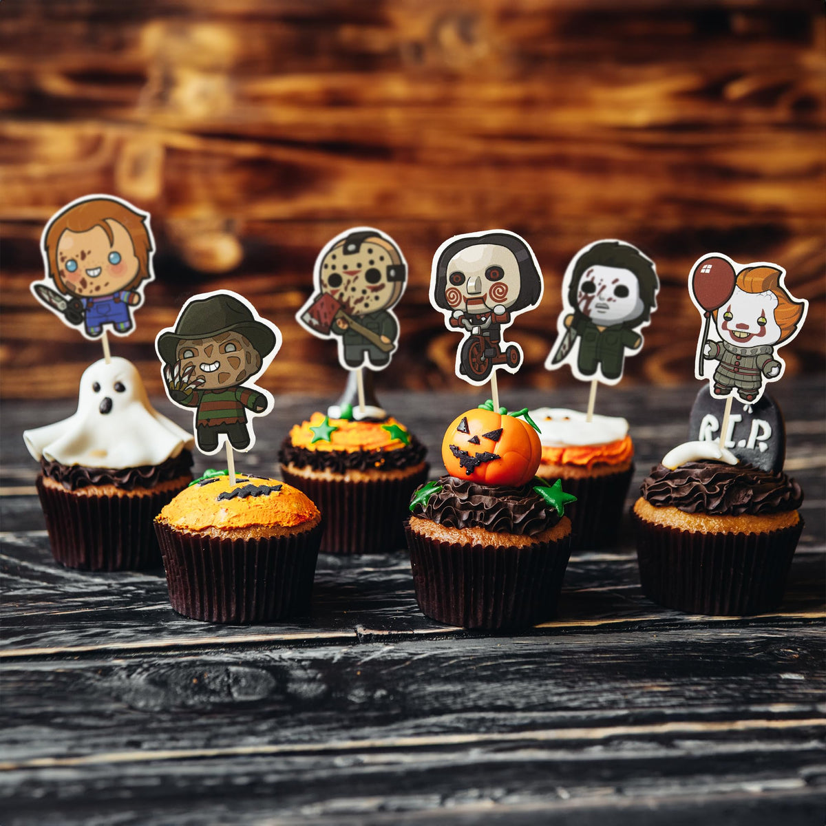 Gyufise 36Pcs Horror Movie Cupcake Toppers Horror Movie Halloween Cupcake Picks Halloween Birthday Cake Decorations for Baby Shower Birthday Party Supplies