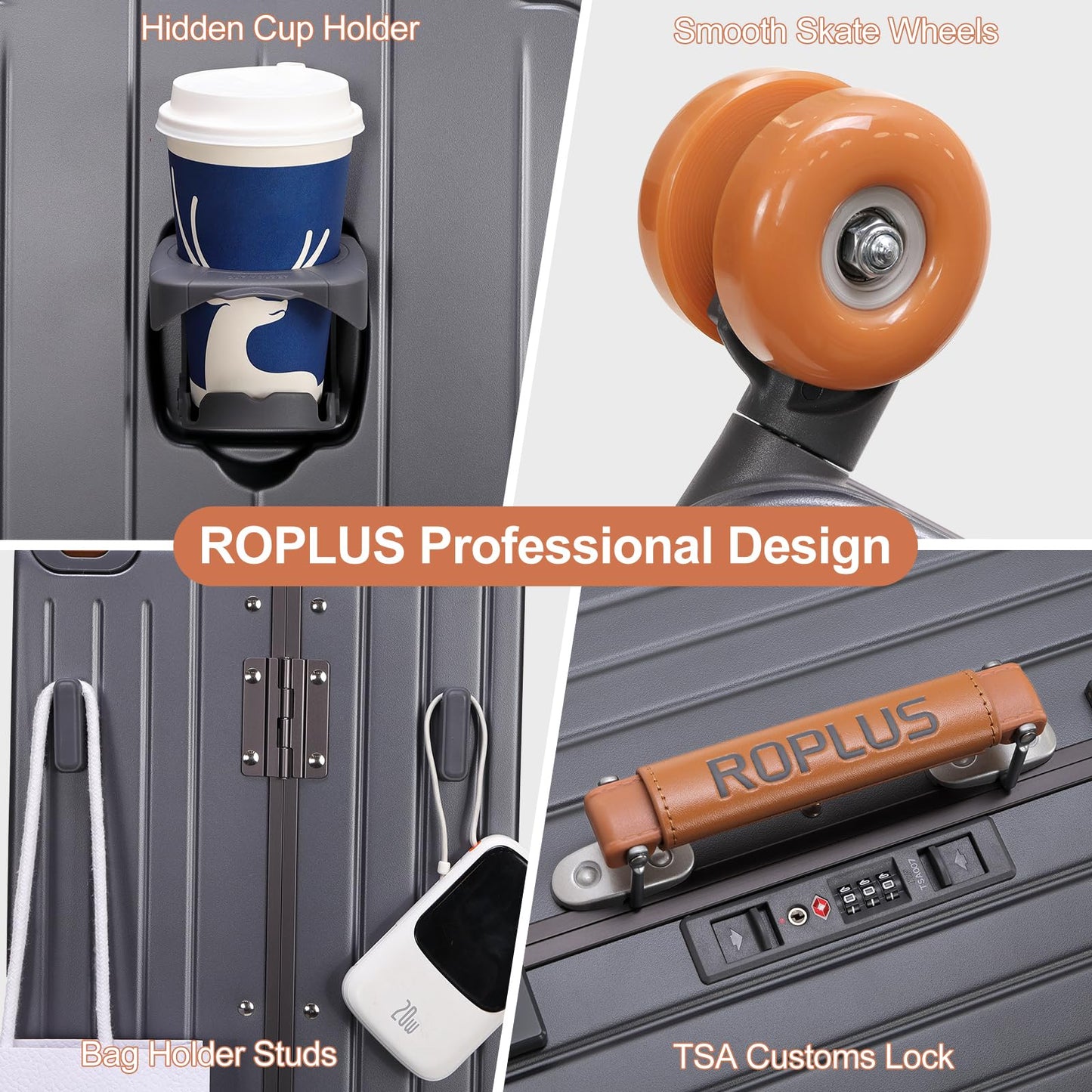 ROPLUS Carry On Luggage with Front Cover Compartment, Aluminium Frame Rolling Suitcase with USB Ports, Cup Holder, TSA Lock, Skate Wheels (WhiteGreen, 21-Inch)