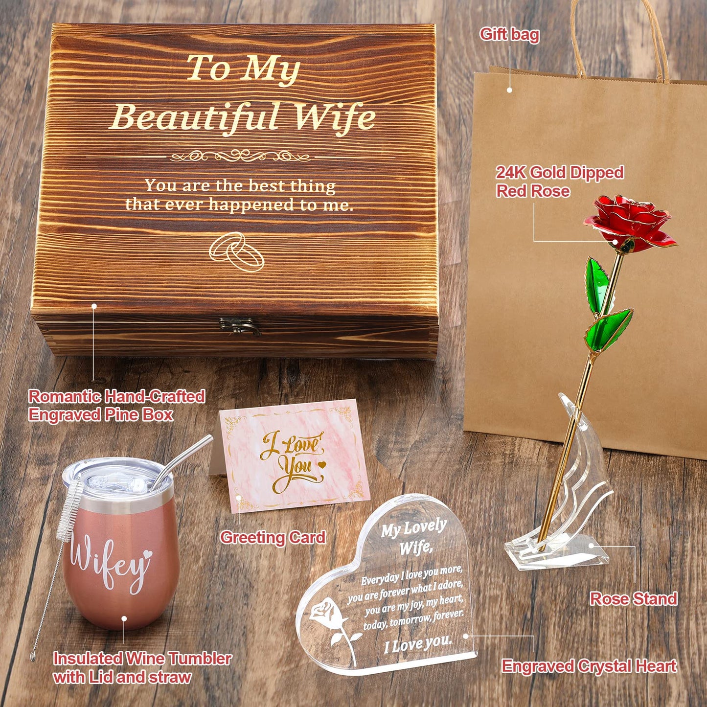 ADEXDO Anniversary Gi fts for Her| Wife, Wife Gift Set with Crystal Engraved Heart, 24K Gold Dipped Rose, Wine Tumbler, Wife Gifts for Anniversary & Birthday
