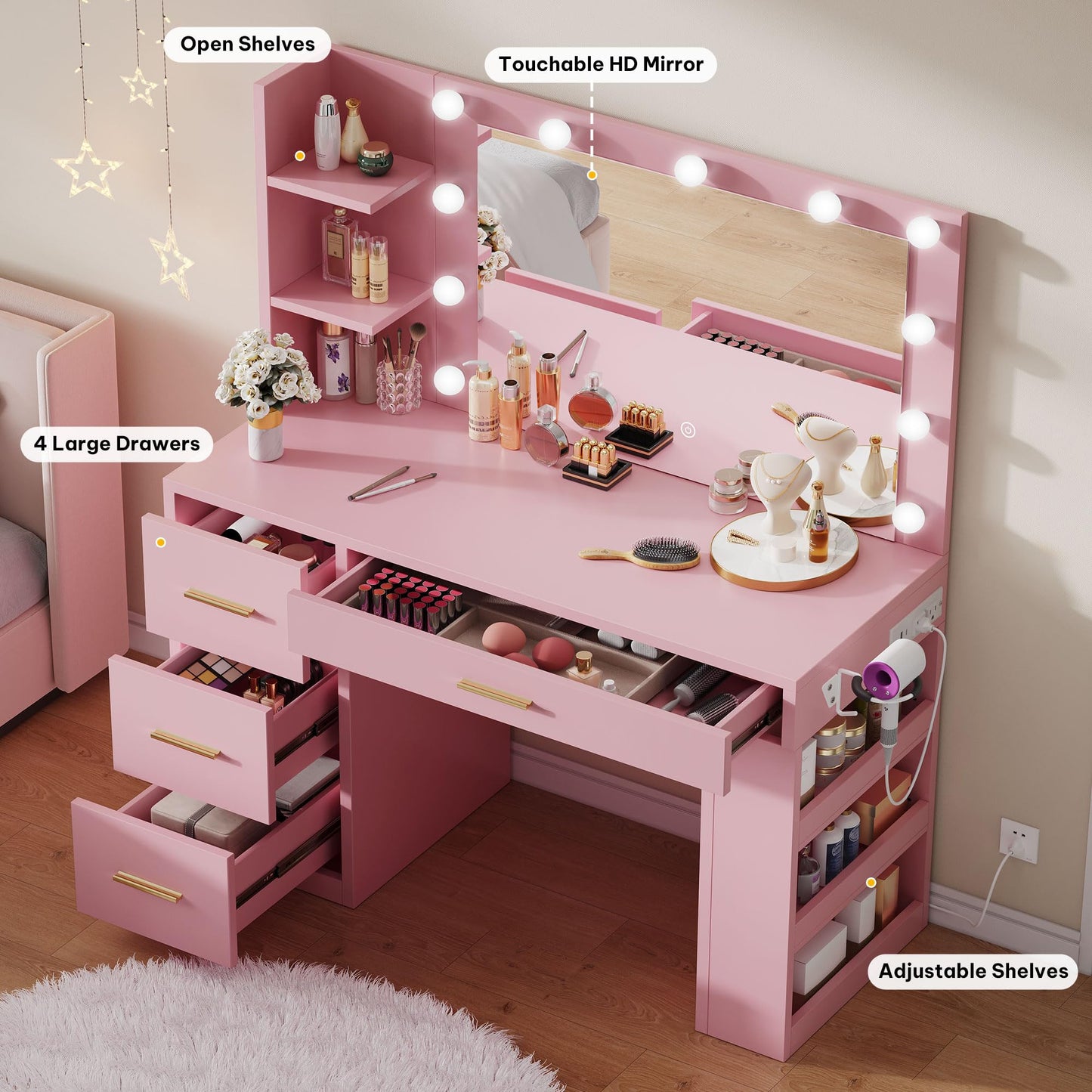 YITAHOME Vanity Desk with Mirror & Lights, Makeup Vanity Table Set with Power Outlet, 4 Drawers, 6 Open Shelves Above and 3 Adjustable Shelves Below, 3 Lighting Modes Dressing Table, Pink