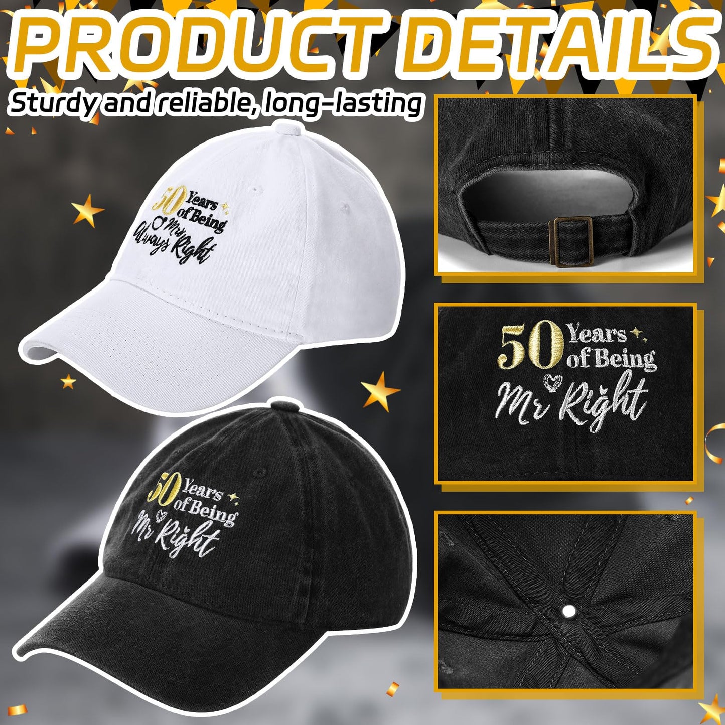 Ramede 2 Pcs 50th Wedding Anniversary Baseball Cap Gift for Couple 50th Wedding Anniversary Hat Gifts for Husband Wife Mr Mrs Multicolor