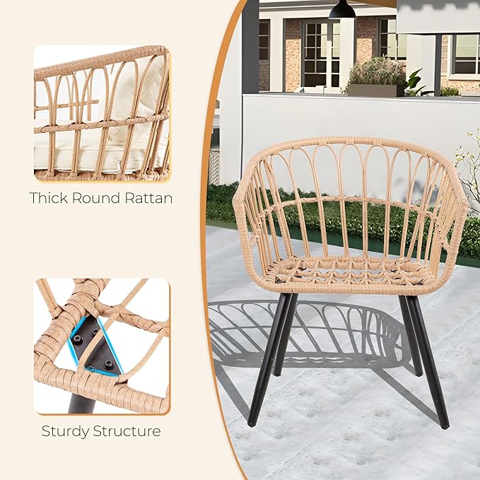 PORWEY 5 Piece Patio Bistro Set with Ottoman, Outdoor Wicker Apartment Balcony Furniture Sets, Rattan Table and Chairs Set of 2 for Porch Backyard Deck, Yellow,Beige