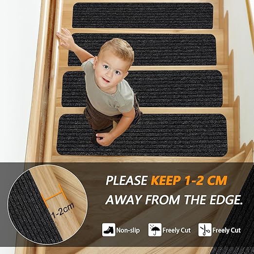 Non-Slip Stair Treads, 7.8" X 30" (15-Pack) Stair Runner Indoor Outdoor Mat, Black Slip Resistant Stair Tread Mats Step Covers Pads for Elders, Kids and Pets (30" x 7.8", Black)