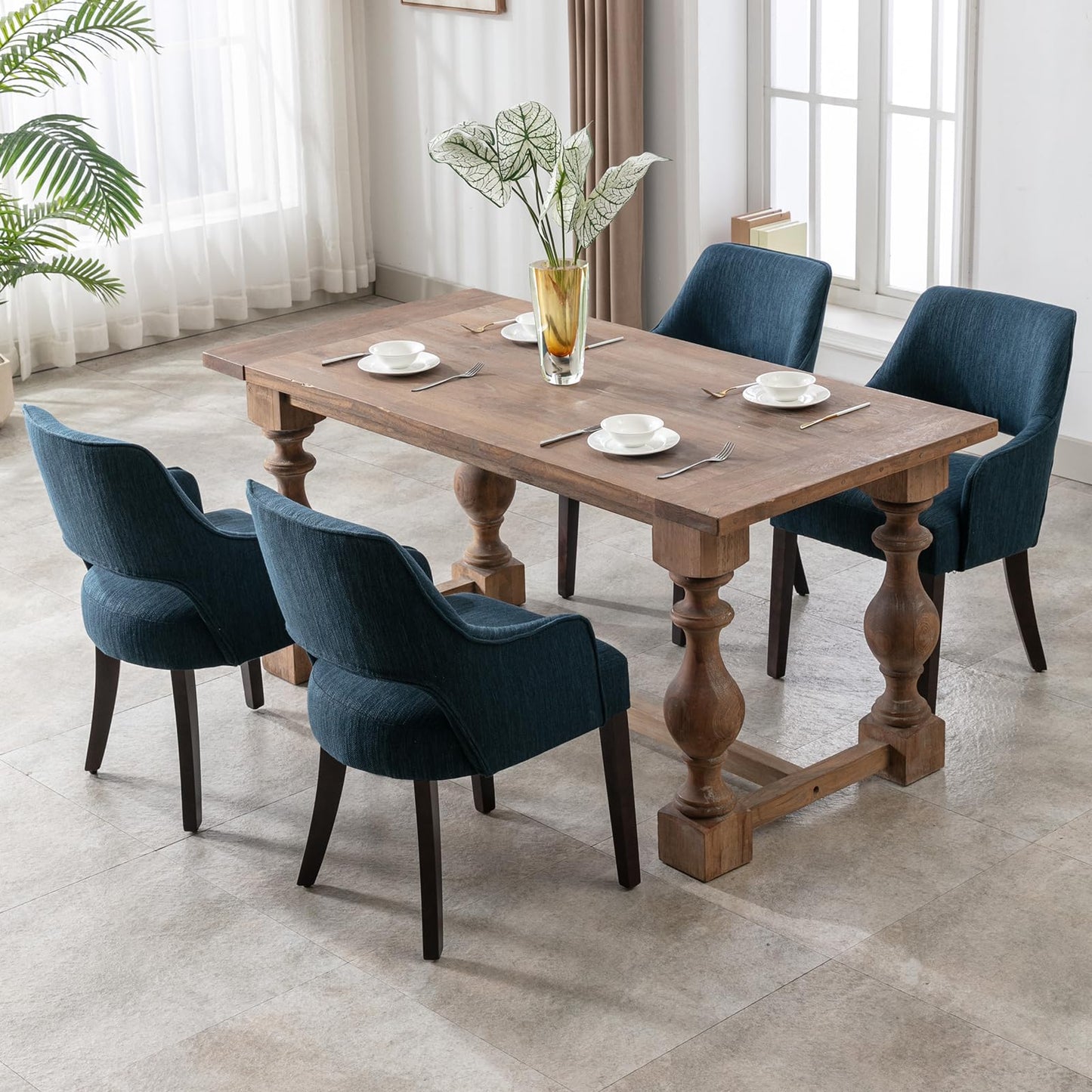 DM Furniture Farmhouse Dining Chairs Set of 2 Upholstered Linen Kitchen Chairs Accent Side Chair with Solid Wood Legs/Armrest for Living Room/Dining Room/Bedroom/Restaurant, Blue