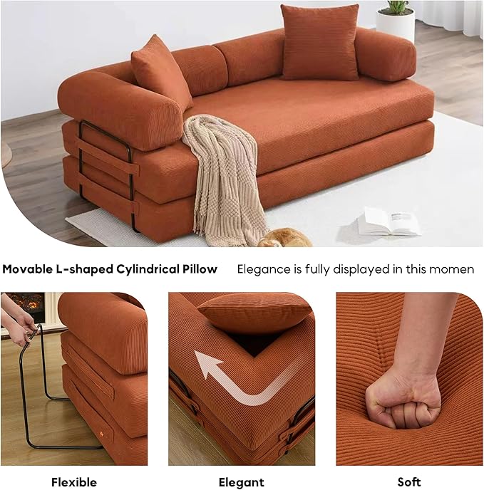ZEIINPA Convertible Sleeper Sofa Bed with Cylindrical Pillow, Corduroy Folding Mattress Couch with Fixed-Shape Frame, Floor Sofa Lounge Couch for Living Room Bedroom Lounge Studio, Orange
