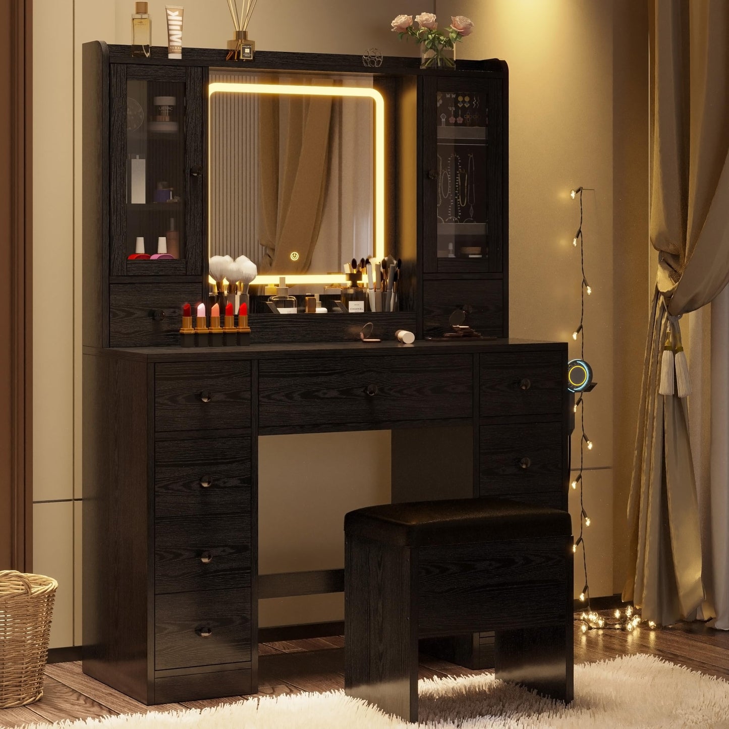 IRONCK Vanity Desk with LED Lights Mirror and Charging Station, Makeup Vanity Table with Jewelry Armoire, Storage Bench, and 11 Drawers,Black