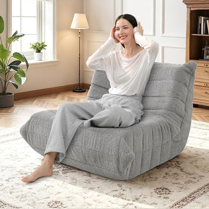 HABUTWAY Bean Bag Chairs Fireside Lazy Floor Sofa, Soft Teddy Fleece Bean Bag Sofa with High-Resilience Foam Filling，Beanbag for Living Room, Bedroom, Office(Light Gray Teddy)