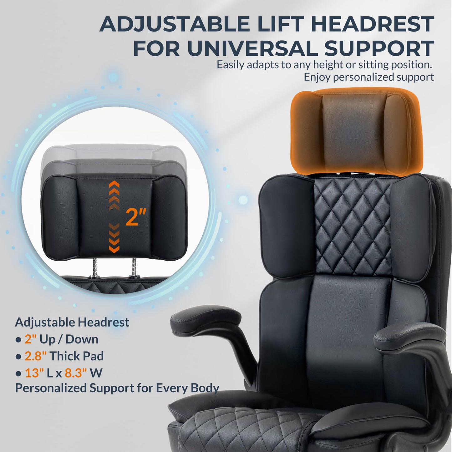 Office Chair with Adjustable Headrest - Executive Leather Desk Chair for Home Office, with Flip-Up Arms & Ergonomic Lumbar Support, Perfect for Work and Study, Black