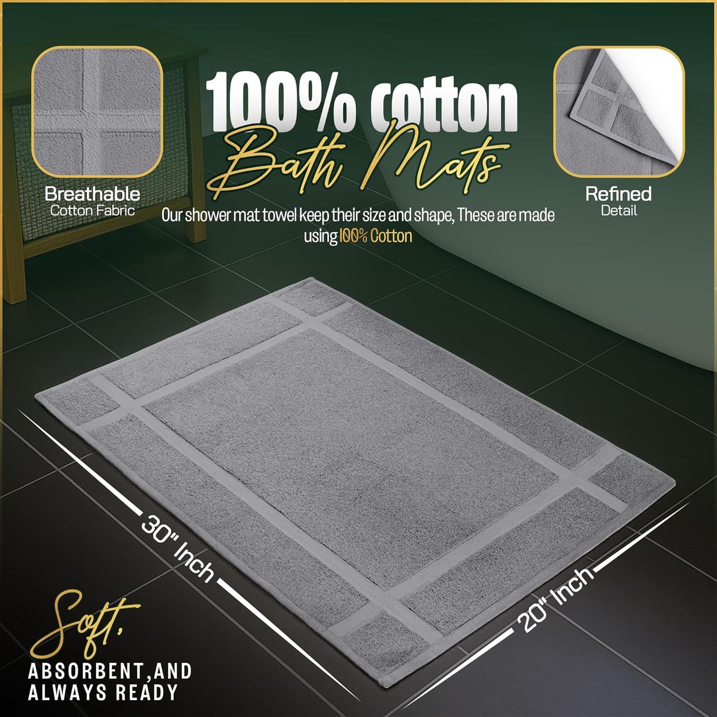 Pearl Linens Pack of 2 Washable Cotton Bath Mat 20x30 - Soft & Absorbent Quick Dry Bathroom Mat Set, Not Bathroom Rugs After Shower Mat, Terry Bath Tub Mat, 687 GSM Light Grey