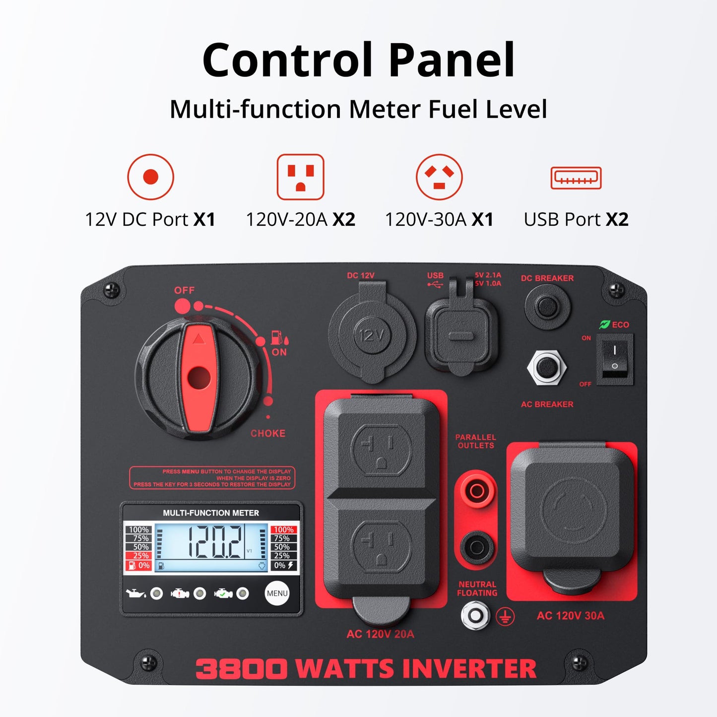 3800W Portable Inverter Generator, Gas Powered, Digital Display, Super Quiet And Lightweight Generator For Camping, Home Emergen