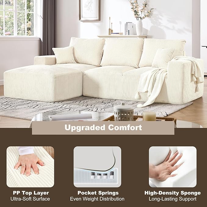 108" Modular Sectional Sofa, Compression Sofa with Deep Seat, Modular L-Shape Couch with Chaise, Upholstered Couches for Living Room Bedroom, No Assembly Required (White Corduroy, 108" L Shape)