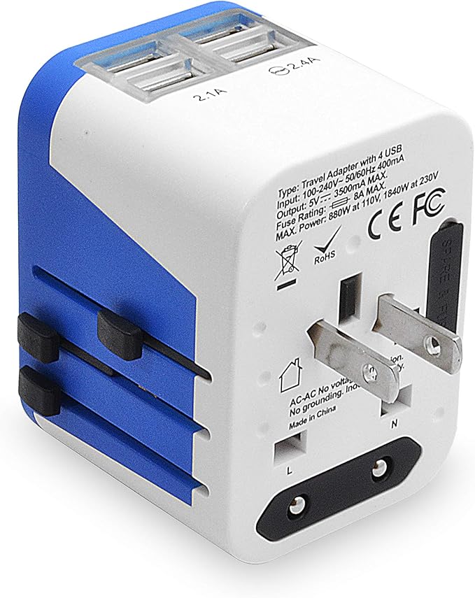 Ceptics Universal Travel Adapter Plug World Power W/ 4 USB Ports - Charge Cell Phones, Smart Watches, iPhones - For International Europe, China, UK, UAE, Australia - Type A, C, G, I