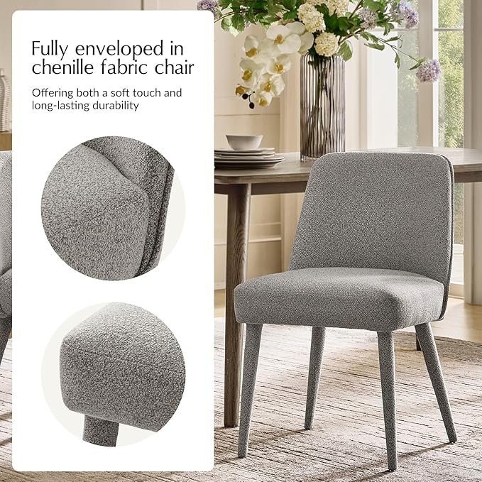 HULALA HOME Modern Dining Chairs Set of 2，Gray Fully Chenille Upholstered Dining Room Chairs Set with Foot Peg, Solid Wood Frame, Armless Kitchen Accent Chairs for Living Room Bedroom Reception