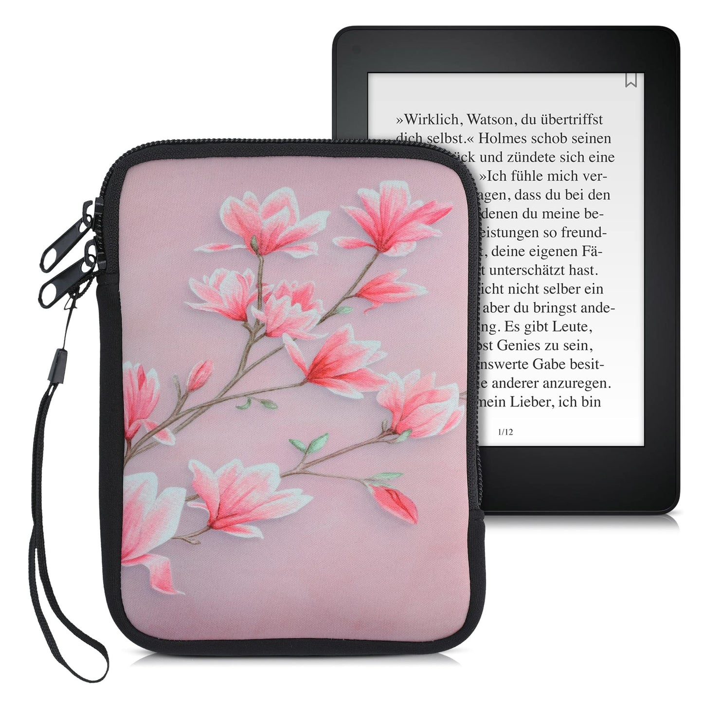 Kwmobile Neoprene E-Reader Pouch Size 6 Ereader - Universal Ebook Sleeve Case With Zipper, Wrist Strap - Pink/White/Dusty Pink