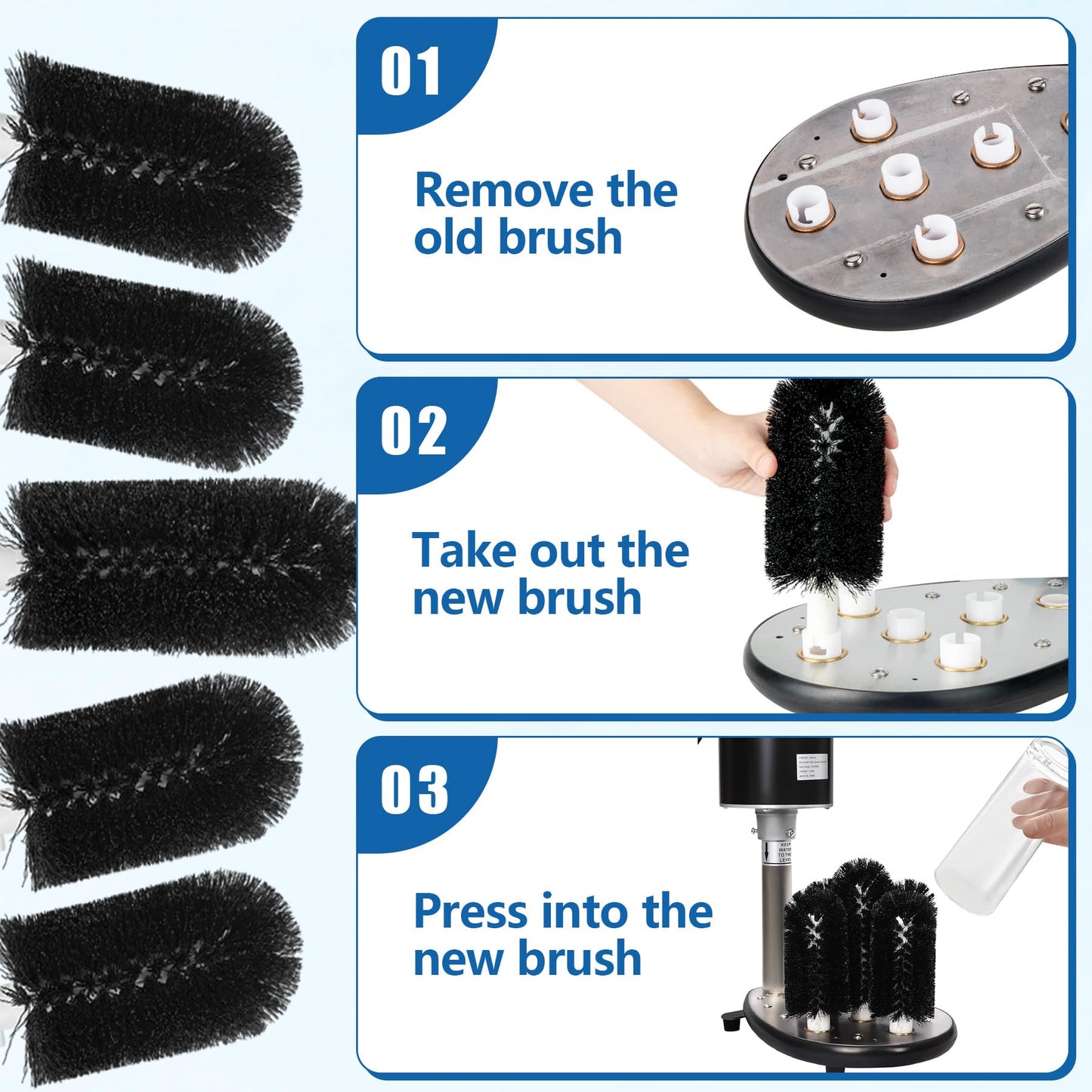 BRS-1722 Glass Washer Replacement Brush Set Part(4 pcs 6-inch Brushes +1 pc 7.5-inch Brush) Compatible with Bar Maid Glass Washer, Replacement SS-100, SS-101, A-200, A-205
