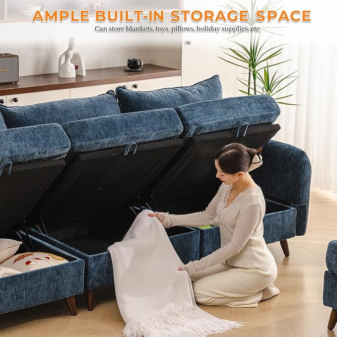 Rexulqo 135'' Modular Sectional Sofa with All Seats Storage, Oversized L Shaped Couch,4-Seater Comfy Cloud Couches with Movable Ottoman,24.5'' Deep Seat,Big Sofas for Living Room,Bedroom,Velet,Blue