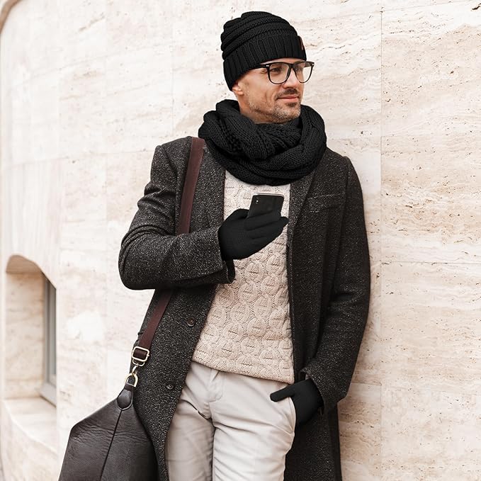 Aneco Winter Warm Sets Knitted Scarf Beanie Hat Touch Screen Gloves and Winter Ear Warmer for Men or Women