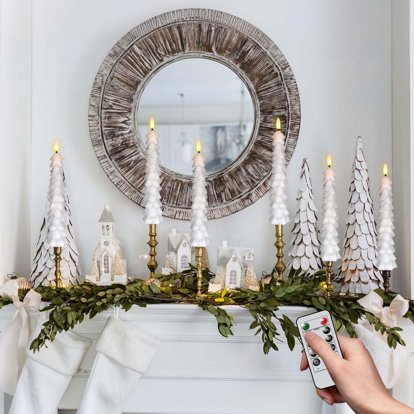 KunSwenn Christmas Tree Candles Battery Operated with Remote, Waxy White Christmas Flameless Tree Taper Candles with Flickering Flame, Set of 3 Winter LED Candlesticks for Xmas Home Decor(0.78”x9.8”)