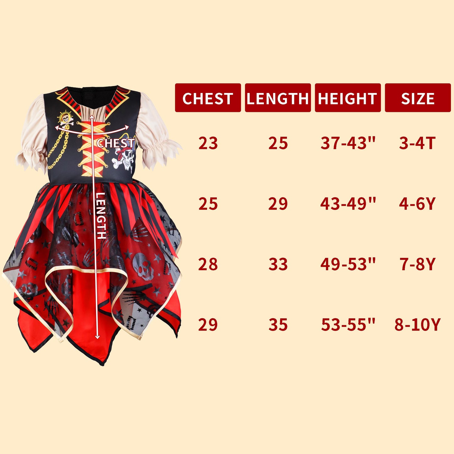 IKALI Girls Pirate Costume with Hat Accessories, Buccaneer Princess Fancy Dress Outfit for Kids 4-6 Years Themed Party Role Play