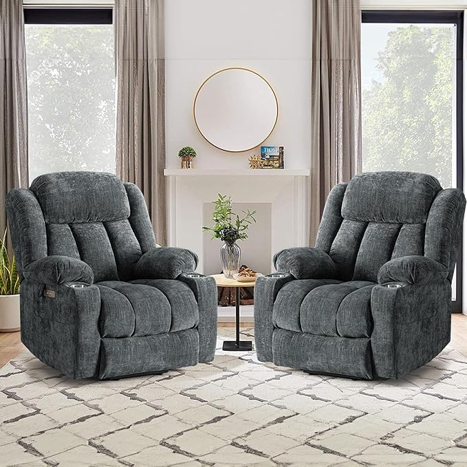 ABCASA Large Power Lift Chairs Recliners for Elderly with Heat ＆ Massage, Upgraded Chenille Recliners, USB-A ＆ C, Cup Holder, Side Pocket, Grey Blue