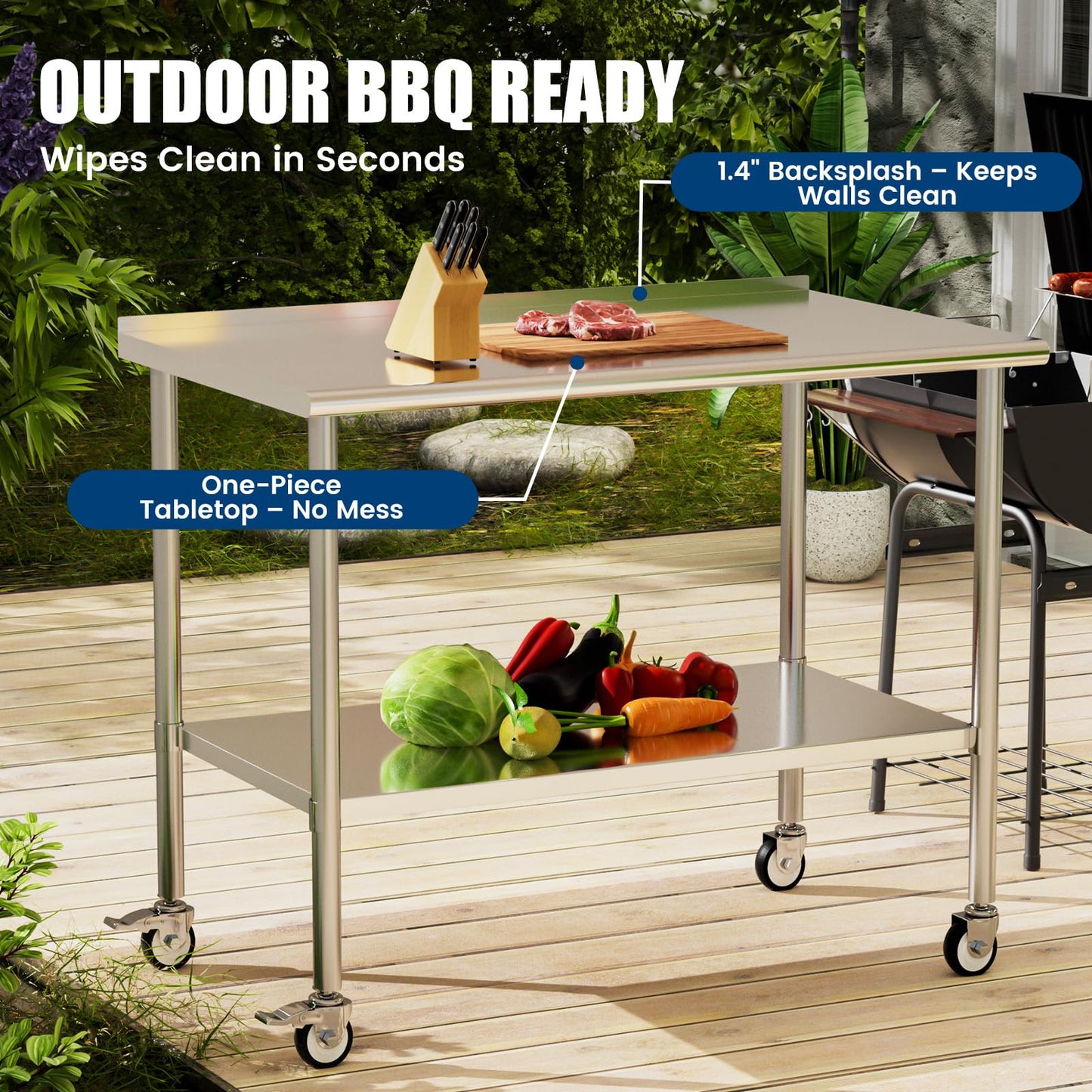 Chingoo Stainless Steel Work Table with Wheels, 30x60 Inch NSF Food Prep Table with Backsplash & Adjustable Undershelf for Commercial Kitchen, Restaurant, Garage