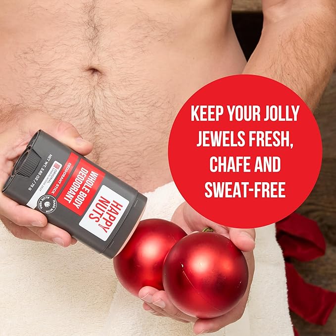 HAPPY NUTS Jingle Balls Holiday Kit - Gift Box for Men with Comfort Cream, Hydrating Body Wash & Whole Body Deodorant - Hilarious Stocking Stuffer or White Elephant Mens Gift Basket Idea for Him