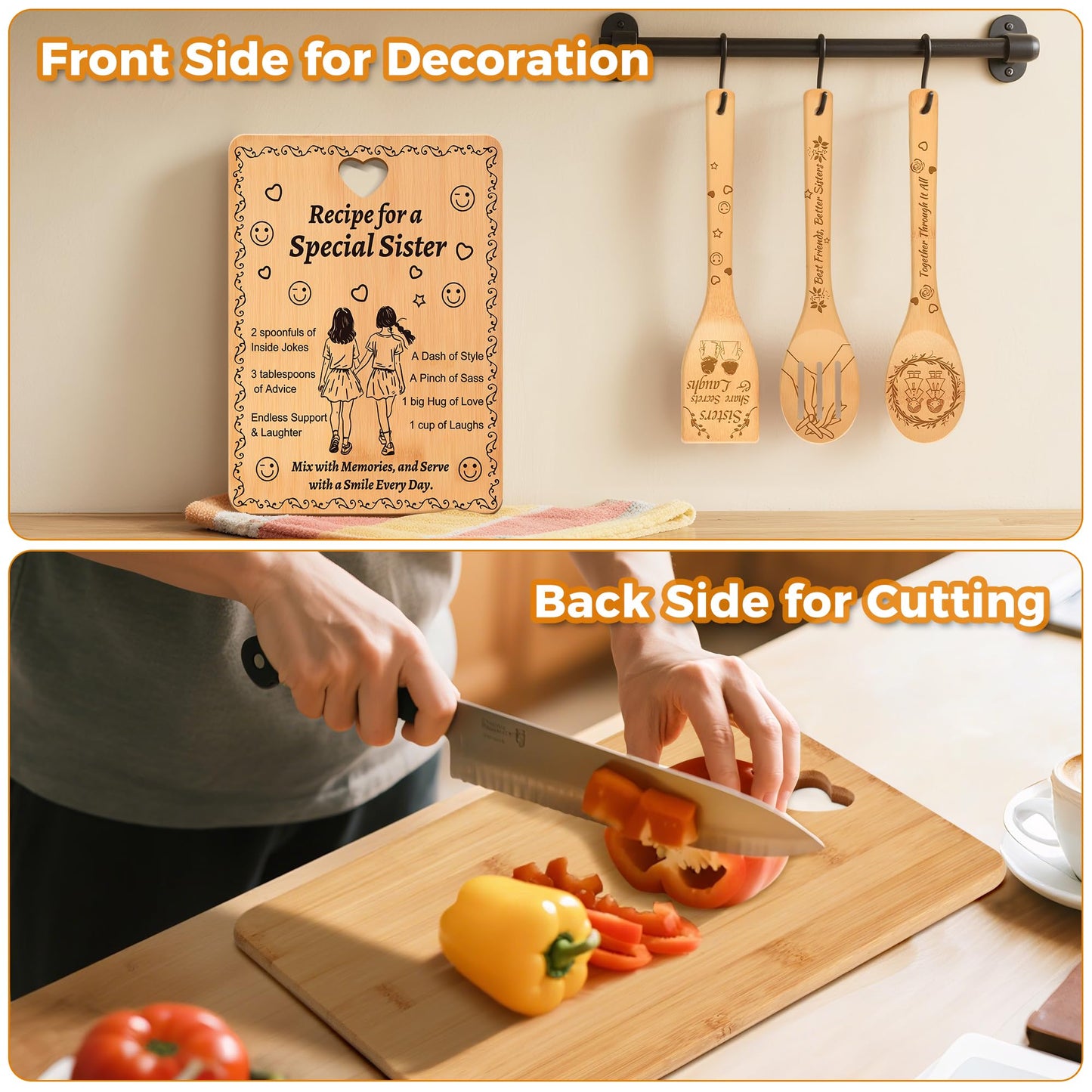 Sister Birthday Gifts from Sister - “Recipe for a Special Sister” Cutting Board Set & Engraved Utensils, Bamboo Sister Gifts for Birthday, Housewarming & Soul Sisters (FSC-Certified)
