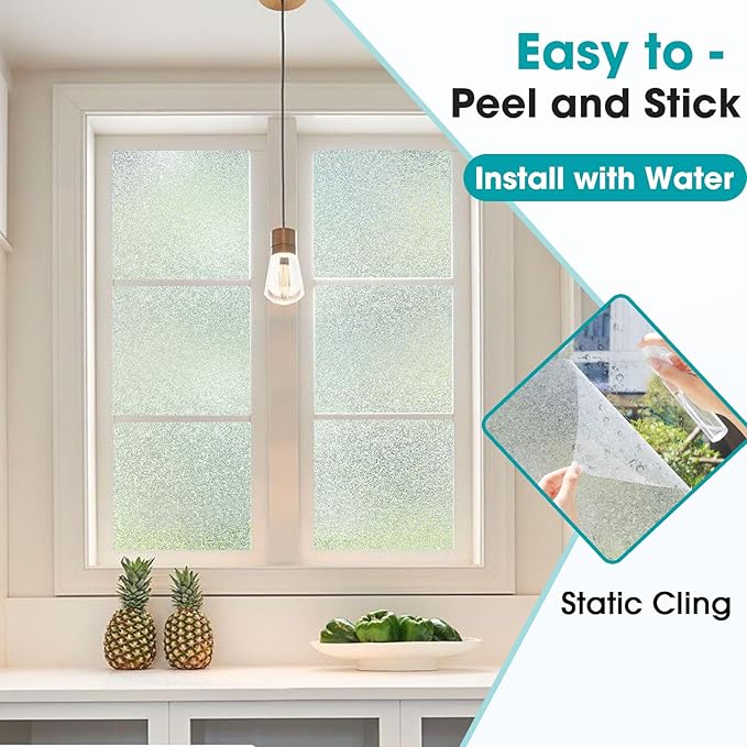 Coavas Window Privacy Film Frosted Glass Static Clings, Decorative Bathroom Door Privacy Film Day and Night, Heat UV Blocking Anti-Glare Frosting Stickers Renter Non-Adhesive, 23.6x118.1 Inch, Silver